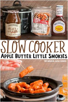 slow cooker apple butter little smokies recipe in the crock pot with text overlay