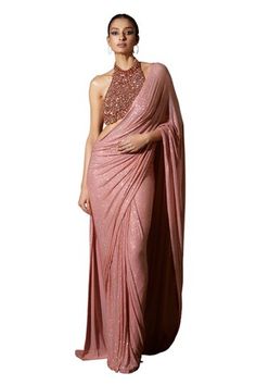 Peach net pre-stitched saree with crystal embellishments. Comes with a blouse with big stone work. - Aza Fashions Pre-draped Saree With Self Design For Reception, Pre-draped Saree With Zari Work, Fitted Saree With Side Open For Evening, Fitted Self Design Saree For Evening, Fitted Pre-draped Saree With Sheer Dupatta And Side Open, Fitted Pre-draped Saree With Side Open, Fitted Side-open Pre-draped Saree With Sheer Dupatta, Designer Pre-draped Fitted Saree, Fitted Draped Saree For Reception