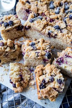 blueberry crumb coffee cake sliced on a cooling rack