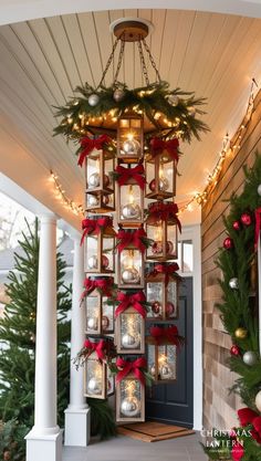 christmas decorations on the front porch with lights and wreaths hanging from the ceiling above