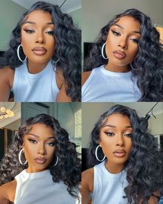 four different pictures of a woman with long hair and hoop earrings on her head, in front of a mirror