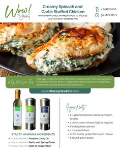 the menu for an organic chicken dish with spinach and garlic stuffed chicken is shown