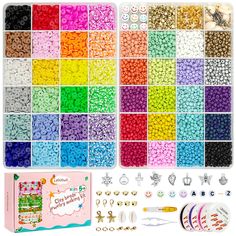 various colors of beads and accessories for making beaded bracelets, necklaces and earrings