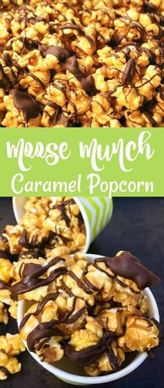 a bowl full of caramel popcorn with chocolate drizzled on top and the words moose munch