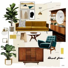 a collage of furniture and decor items including a couch, coffee table, mirror, potted plant