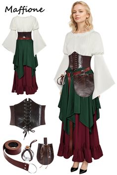 Viking Medieval Renaissance Women Cosplay Costume Green Dress Skirt Vest Waistbags Belt Outfits Medival Outfits Woman, Medival Outfits Women, Renfaire Outfit, Royal Vibes, Viking Medieval, Ren Faire Outfits, Costume Green, Ren Faire Costume, Character Fashion