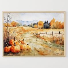 a watercolor painting of pumpkins in a field