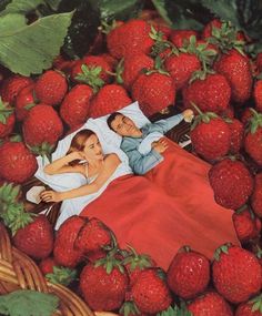 a man and woman laying in the middle of strawberries