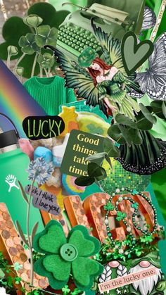 st patrick's day collage with shamrocks, clovers and lucky signs