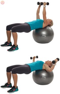 a woman is doing exercises on an exercise ball