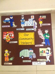 a bulletin board with pictures of people and their community helpers on the front wall