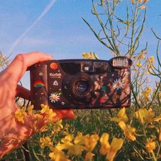 a person holding up a camera to take a photo in the wildflowers outside