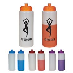 an orange, white, and blue water bottle with the words fix yoga class on it