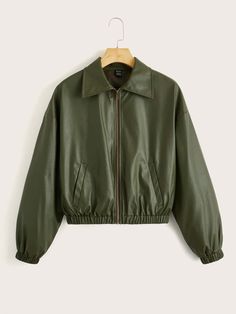 Leather Jackets Women, Outerwear Women, Drop Shoulder, Army Green, Pu Leather, Bomber Jacket