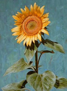 a painting of a sunflower on a blue background