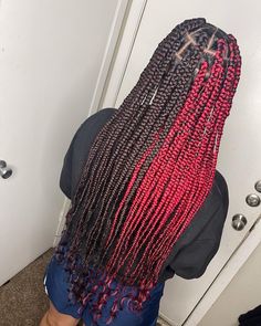 Red an black box braids Red Box Braids On Black Hair, Half And Half Hair Color Box Braids Red And Black, Half Red Half Black Box Braids, Half Black Half Red Braids, Knotless Braids With Color Underneath, Half And Half Braids Color, Two Color Box Braids, Braids With Color Underneath, Black And Red Box Braids