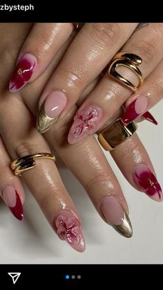 Maroon Flower Nails, Dark Pink Acrylic Nails, Wwe Nails, Red And Purple Nails, Magenta Nails Design, Red Flower Nails, Magenta Nails, Orchid Nails, Concert Nails