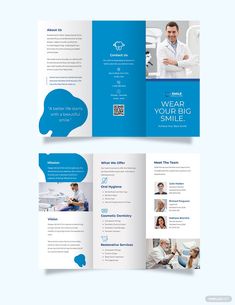 a blue tri fold brochure with an image of a man in the dentist's office