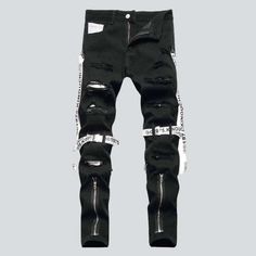 Take your street style to the next level with our 2023 Spring-Summer Collection of black men's jeans with straps. This slim. mid-waist masterpiece features a zipper and button closure and stretchy fabric for comfort and a natural hem for an edgy.... Edgy Black Slim Fit Jeans, Punk Style Zip Fly Jeans For Streetwear, Black Ripped Pants For Streetwear, Edgy Slim Fit Jeans For Streetwear, Ripped Black Pants For Streetwear, Techwear Style Fitted Jeans For Streetwear, Fitted Techwear Jeans For Streetwear, Fitted Jeans For Streetwear With Zipper, Fitted Jeans With Zipper Closure For Streetwear