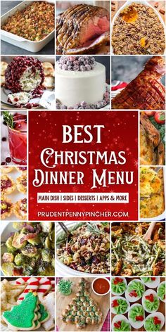 the best christmas dinner menu with pictures of different dishes and desserts in red, white and green