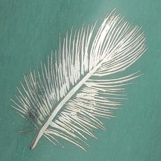 a white feather floating on top of the ocean next to a green body of water