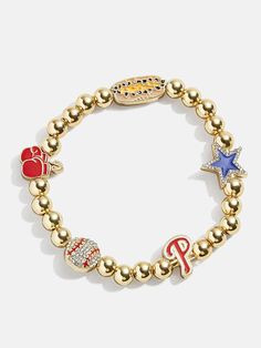 The Philadelphia Phillies MLB Pisa Charm Bracelet is the ultimate accessory for die-hard baseball fans. This bracelet is a celebration of your favorite team, featuring the Phillies logo along with other charms related to the team and its iconic location. Perfect for game days or everyday wear, this bracelet adds a touch of sports-inspired elegance to any outfit. This bracelet features 6mm gold ball beads. This is an officially licensed MLB product. Beaded Charm Bracelet, Baseball Fan, Bead Charm Bracelet, Die Hard, Pisa, Bracelet Sizes