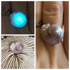 "This one of a kind replica Umbonium shell ring is made to order offering you the beauty and iridescence of a real pearl seashell. Here at Moonbranch Designs we specialize in creating replica seashell jewelry that does not have any impact on the environment the act of \"corporate shelling\"as it is called by companies and corporations is depleting the world's seashell supply- therefore here we create beautiful replicas of shells that have the added magical bonus of glowing using our one-of-a-kin Weird Accessories, Spiral Seashell, Pearl Seashell, Kyber Crystal, Glowing Necklace, Real Mermaids, Mermaid Jewelry, Seashell Jewelry, Insect Jewelry