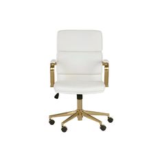 a white office chair with gold wheels and casteors on an isolated white background, viewed from the front