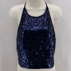 Alice & Olivia Size 6, Nwt Navy Blue Sequin Tank Top, Crisscross Spaghetti Straps, Zip In Back 16.5" Armpit To Armpit, 7" Armpit To Bottom Blue Sleeveless Halter Top For Evening, Blue Sleeveless Crop Top For Party, Sleeveless Blue Crop Top For Party, Chic Blue Halter Top For Evening, Chic Blue Evening Tank Top, Chic Blue Tank Top For Evening, Blue Tank Top For Summer Parties, Blue Sleeveless Halter Top For Night Out, Chic Blue Party Crop Top