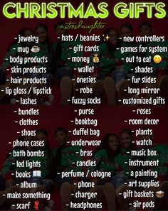 the christmas gifts list is shown in green and red, with two women sitting on couches