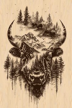 a drawing of a bison with trees and mountains in the background