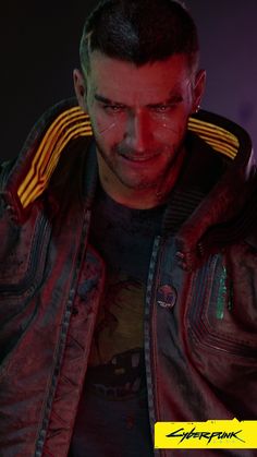 a man in a leather jacket looking down at his cell phone with the text, cyberpunk on it