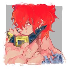 an anime character with red hair holding a knife