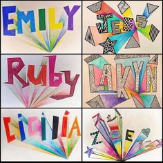 four different types of art work with the words ruby and julia written in colorful letters