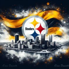 the pittsburgh skyline is painted in yellow and black with an image of the pittsburgh football team on it