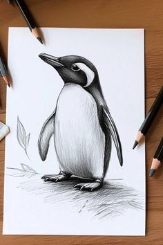 a pencil drawing of a penguin sitting on top of a wooden table next to some crayons