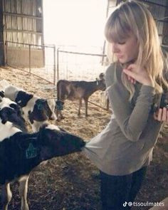 a woman standing in front of a herd of cows with her hand on her face