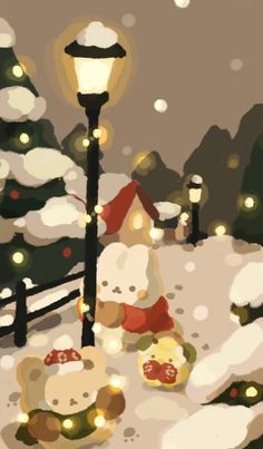 two teddy bears sitting in the snow under a street light