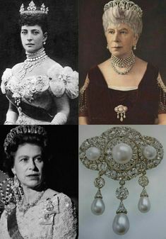 four different tiaras and necklaces in black and white photos, including queen elizabeth