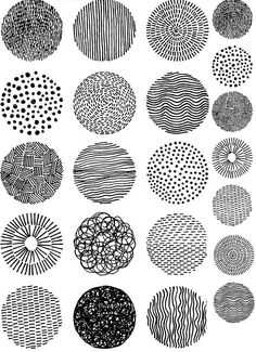 an array of circular designs in black and white, with dots on the top one