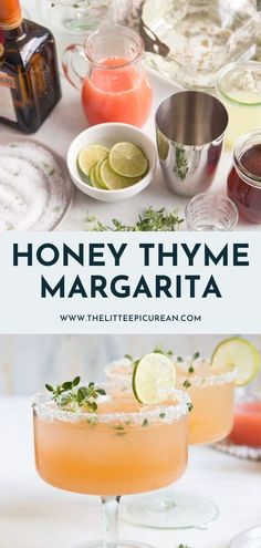 honey thyme margarita with lime and mint garnish on the rim, served in coupe glasses