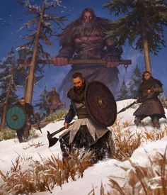 a group of people in the snow with shields and swords