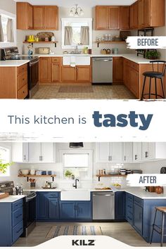 two pictures of kitchen cabinets with the words tasty in blue and white above them