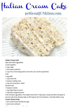 a recipe for italian cream cake on a plate