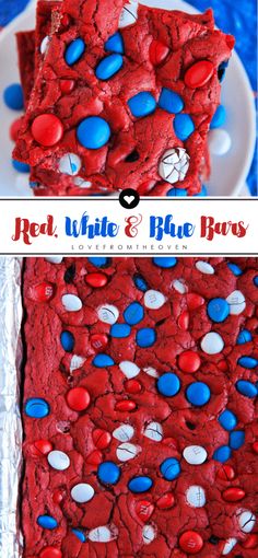 red, white and blue brownies on a plate next to each other with chocolate chips