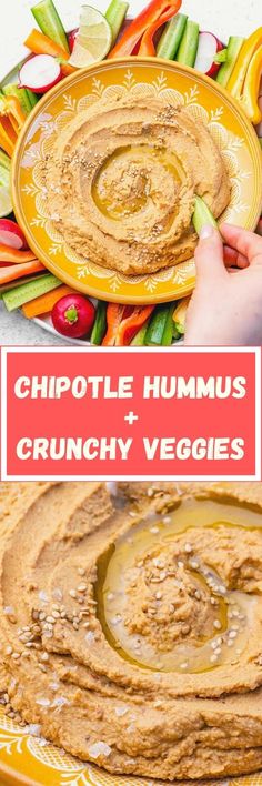 hummus and crunchy veggies on a plate