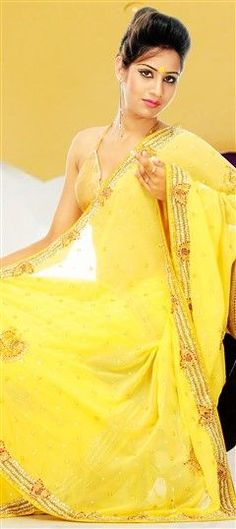 Yellow color Saree in Chiffon fabric with Cut Dana work Yellow Color Saree, Saree Yellow, 70s Fashion Pictures, Indian Party Wear, Yellow Saree, Utsav Fashion, Georgette Fabric, Chiffon Saree, Party Wear Sarees