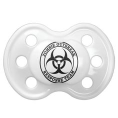 a white pacifier with a bio hazard sign on it