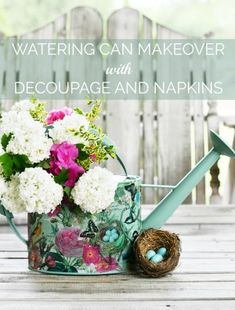 watering can makeover with decoupage and napkins on a wooden patio table