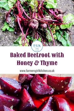 beetroot with honey and thyme on a cutting board next to other vegetables